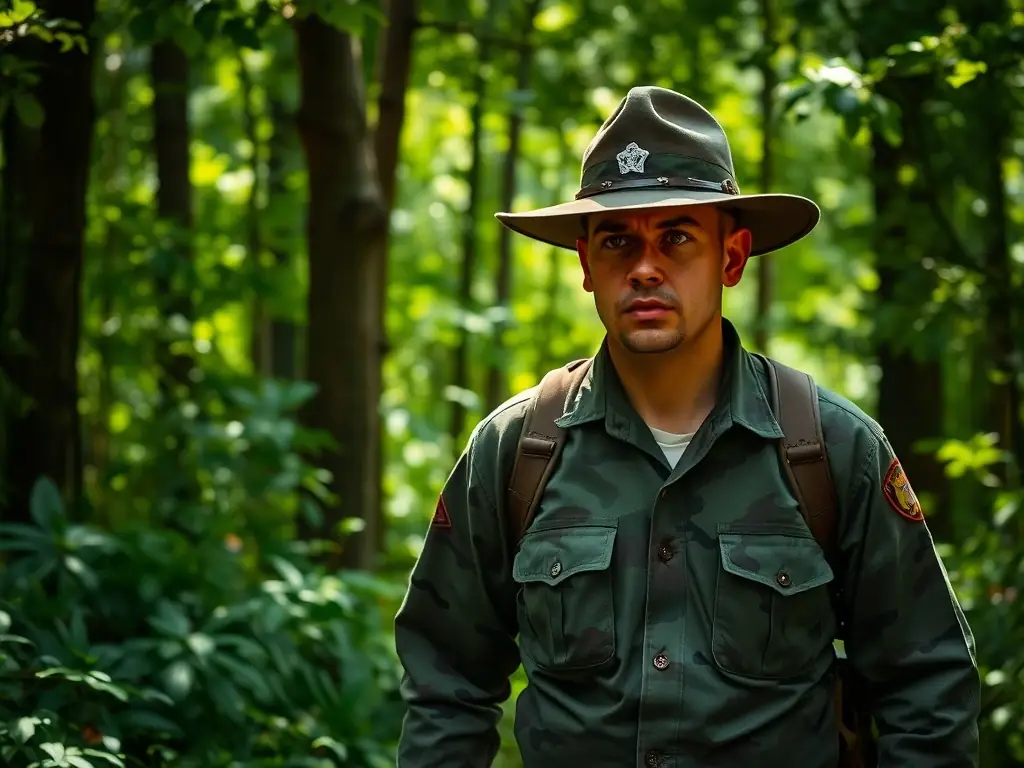 A photograph depicting a wildlife ranger patrolling a forest, symbolizing the organization's commitment to braconnage repression and wildlife protection.