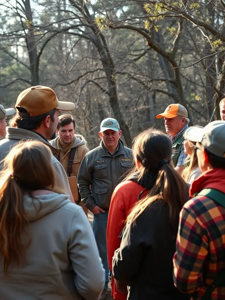 A group of SOCIETE COMMUNALE DES CHASSEURS DE HAUTEFAGE members participating in a community education program about responsible hunting and wildlife conservation.