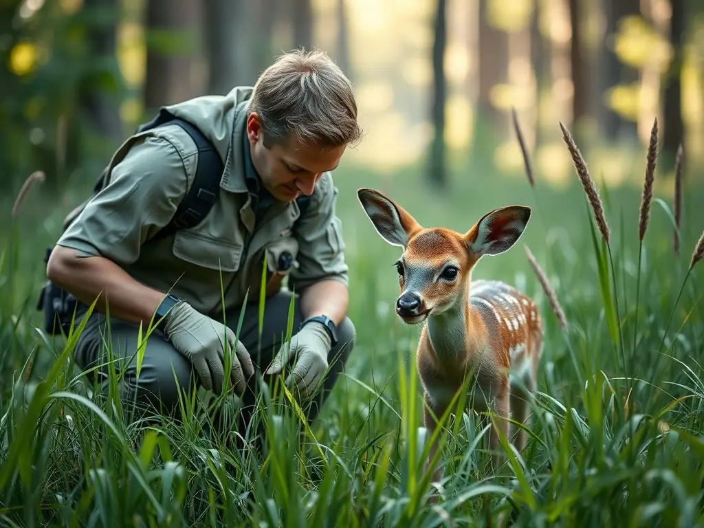A close-up shot of a wildlife biologist examining a deer in its natural habitat. The image should highlight the importance of wildlife monitoring and conservation efforts.