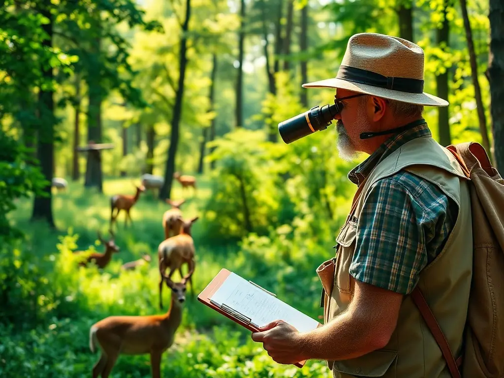A photograph of a wildlife biologist monitoring animal populations in their natural habitat, showcasing the organization's commitment to scientific research.