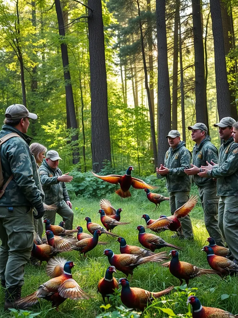 A photograph capturing volunteers from SOCIETE COMMUNALE DES CHASSEURS DE HAUTEFAGE releasing pheasants into a protected habitat, showcasing their commitment to wildlife repopulation.