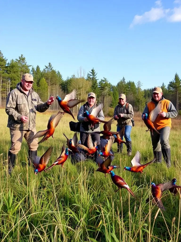 An image of SOCIETE COMMUNALE DES CHASSEURS DE HAUTEFAGE members releasing pheasants into a managed hunting area, demonstrating their game management practices.