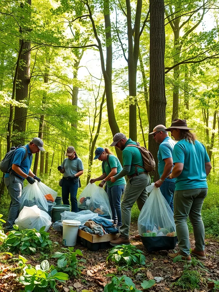 A photograph depicting volunteers from SOCIETE COMMUNALE DES CHASSEURS DE HAUTEFAGE cleaning up a local forest area, removing litter and debris to improve the habitat for wildlife.