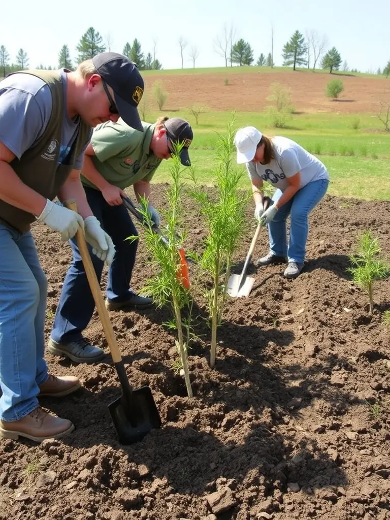 A photograph of volunteers from SOCIETE COMMUNALE DES CHASSEURS DE HAUTEFAGE planting trees in a deforested area of Hautefage, showcasing their reforestation efforts.