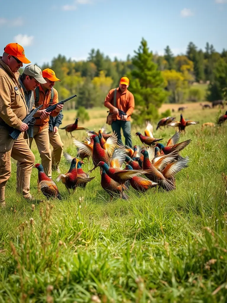 A photograph showing members of SOCIETE COMMUNALE DES CHASSEURS DE HAUTEFAGE releasing pheasants into a managed hunting reserve, contributing to the repopulation of game species.