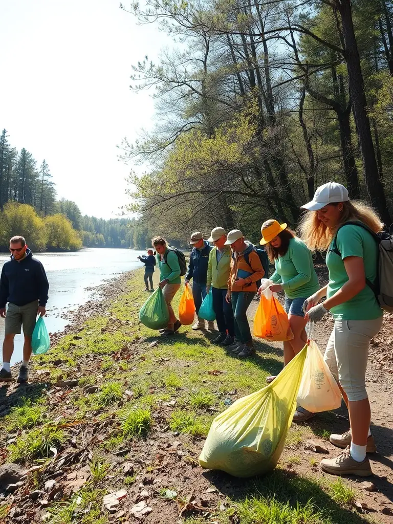 A photo of SOCIETE COMMUNALE DES CHASSEURS DE HAUTEFAGE members cleaning up a local riverbank, highlighting their commitment to preserving water resources.