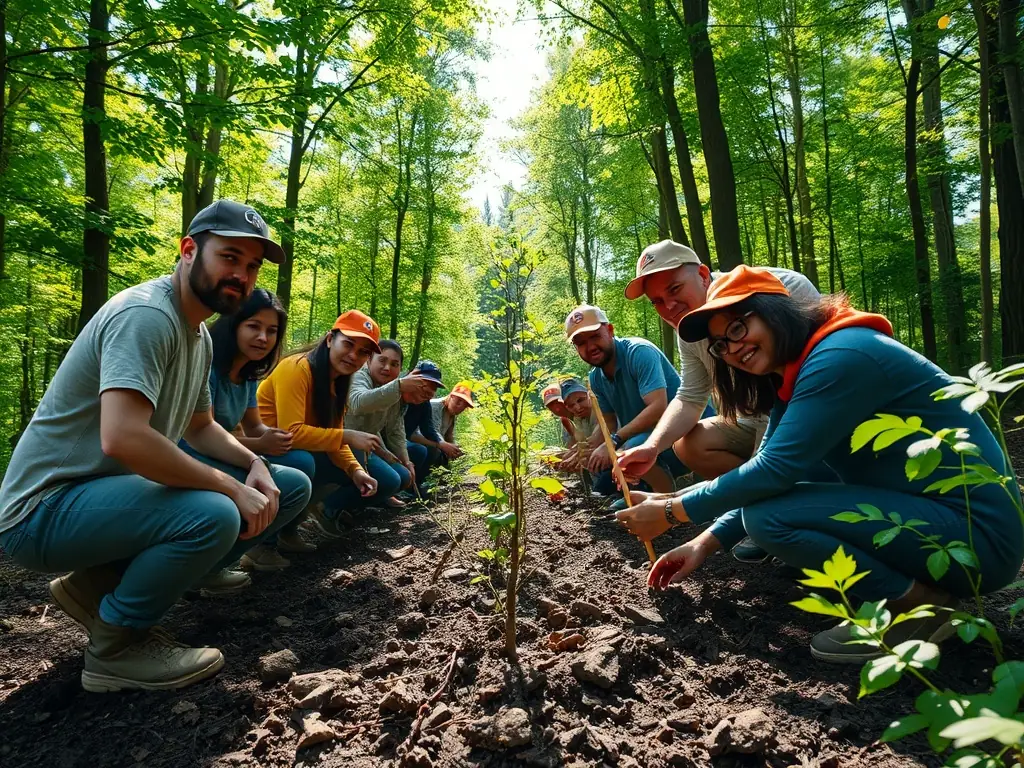 A detailed photograph showcasing a group of volunteers planting trees as part of a reforestation project in the Hautefage region. The image should convey a sense of community involvement and environmental stewardship.