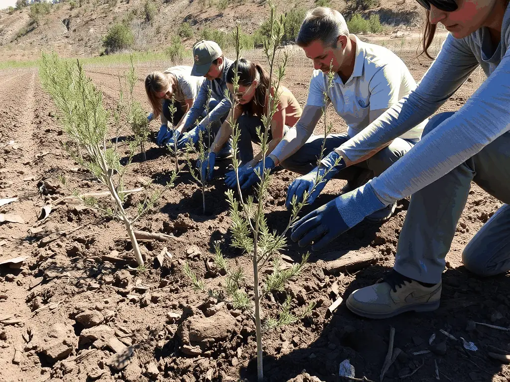 A photograph depicting volunteers planting trees in a deforested area, symbolizing habitat restoration efforts by SOCIETE COMMUNALE DES CHASSEURS DE HAUTEFAGE.