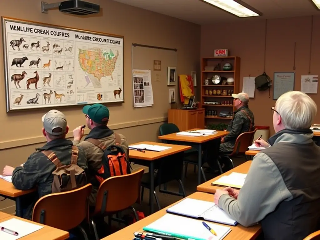 An image showing a workshop where members of the organization are learning about sustainable hunting techniques and wildlife management.