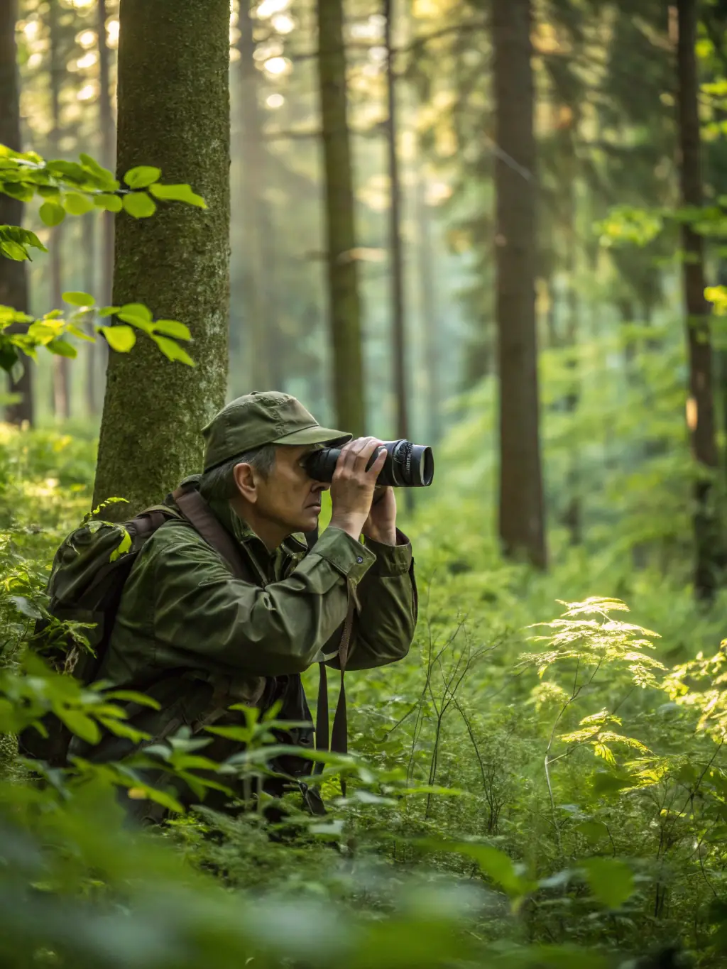 A close-up shot of a hunter carefully examining animal tracks in the forest, emphasizing the skill and knowledge required for responsible hunting.