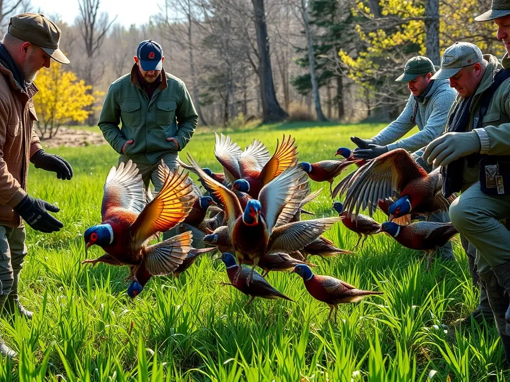 A photograph depicting a group of volunteers releasing pheasants into a managed habitat, showcasing the organization's commitment to game repopulation.