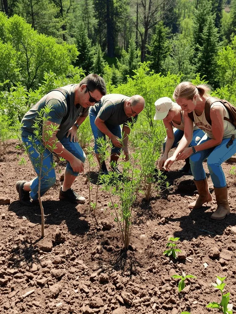 A photograph showcasing SOCIETE COMMUNALE DES CHASSEURS DE HAUTEFAGE members working on habitat restoration, planting native trees and shrubs to enhance biodiversity.