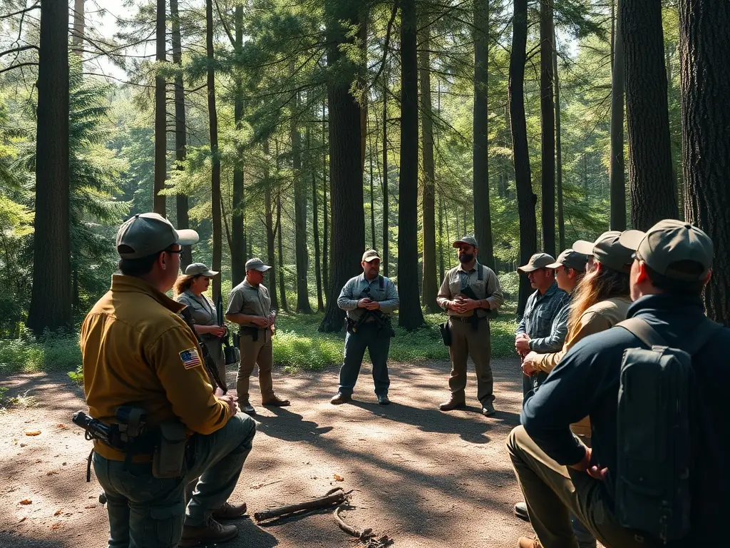 An image showing a group of hunters participating in a training session on ethical hunting practices, emphasizing responsible wildlife management.
