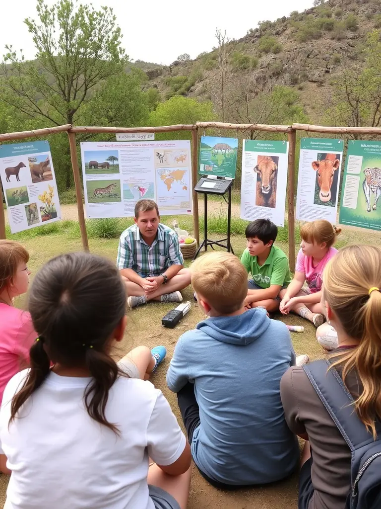 A photograph of a SOCIETE COMMUNALE DES CHASSEURS DE HAUTEFAGE member educating a group of children about local wildlife and the importance of conservation.