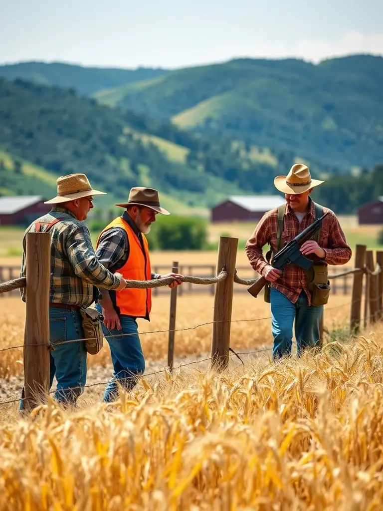 An image of SOCIETE COMMUNALE DES CHASSEURS DE HAUTEFAGE members working alongside local farmers to mitigate crop damage caused by wildlife, illustrating their community support.