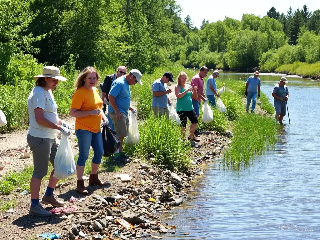 An image depicting a clean-up event along a riverbank, with volunteers collecting litter and debris. The photo should emphasize the importance of maintaining clean and healthy aquatic ecosystems.