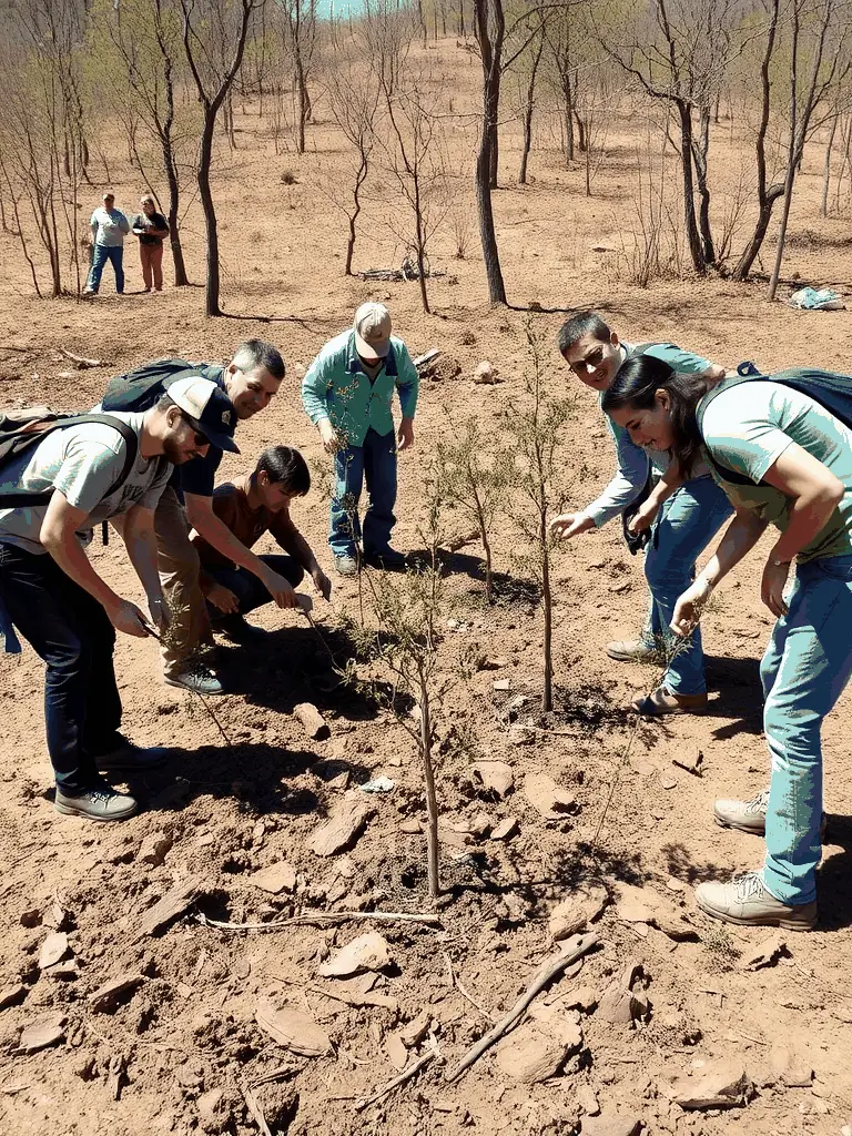A group of volunteers planting trees in a deforested area, illustrating the organization's commitment to habitat restoration and environmental conservation.